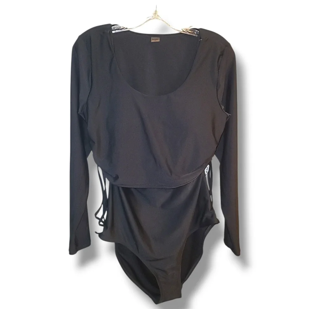 NWT Old Navy XL Black One Piece Swimsuit + Long Sleeve Side Tie Rash Guard